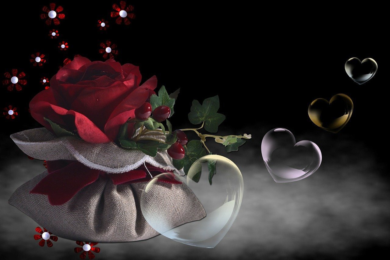 Duo Desire - A red rose with floating glass hearts and soft mist, symbolizing romance and affection.