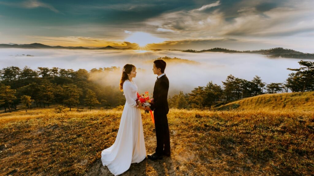 Bride and groom facing each other at sunrise – Duo Desire wedding magic.
